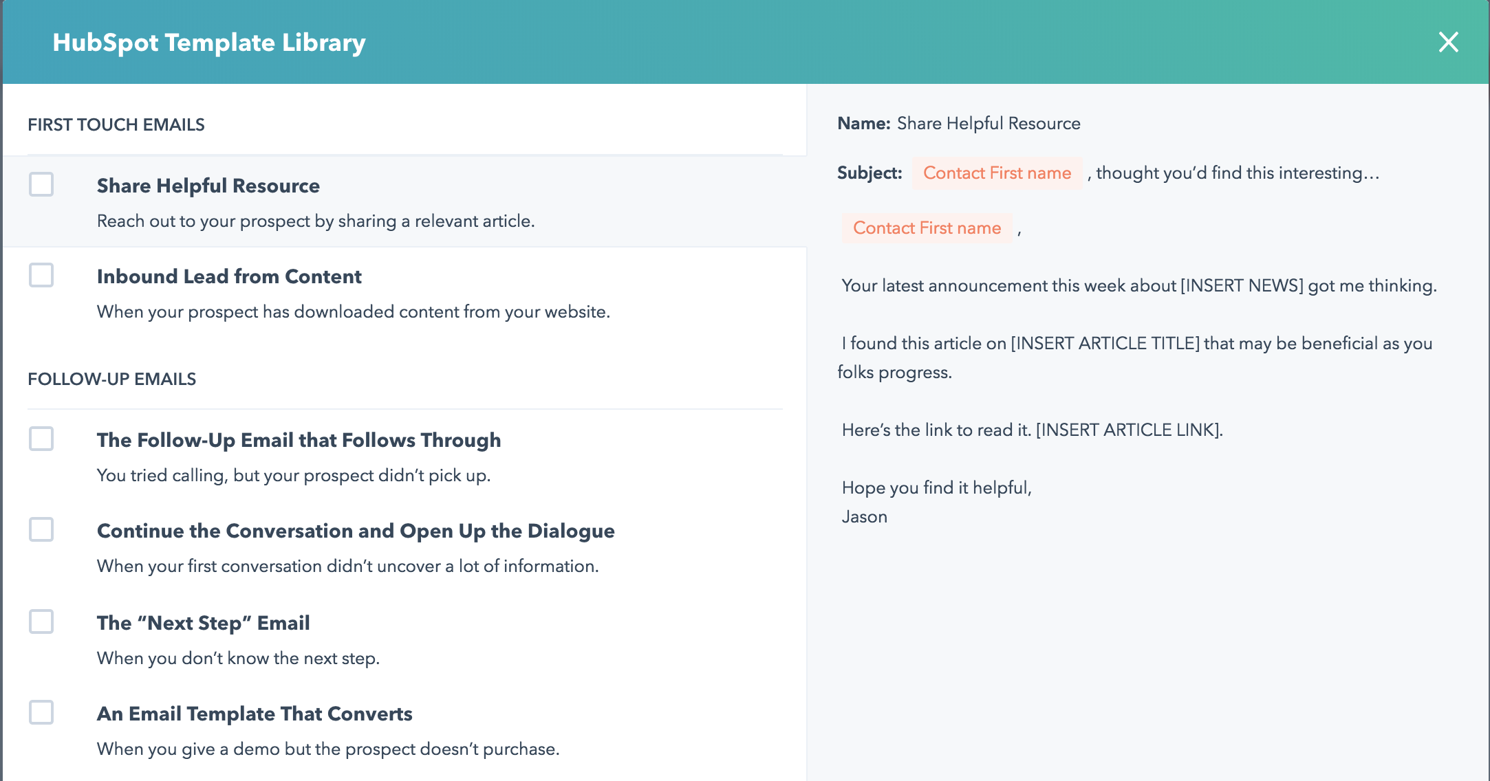 HubSpot Template Library - Sales Templates